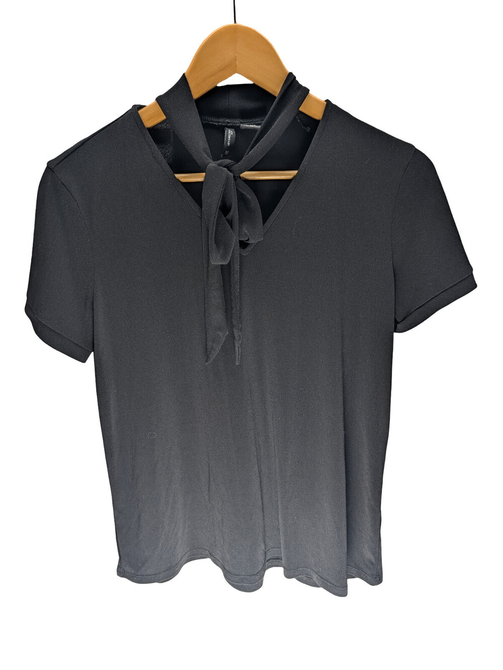 New Directions Black Tie Bow Blouse Short Sleeve V-Neck